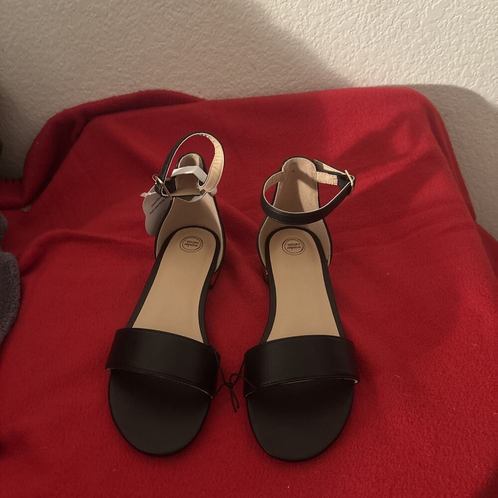 Wonder Nation Girls Black Ankle Strap Comfort Flat Sandals Buckle Size 13